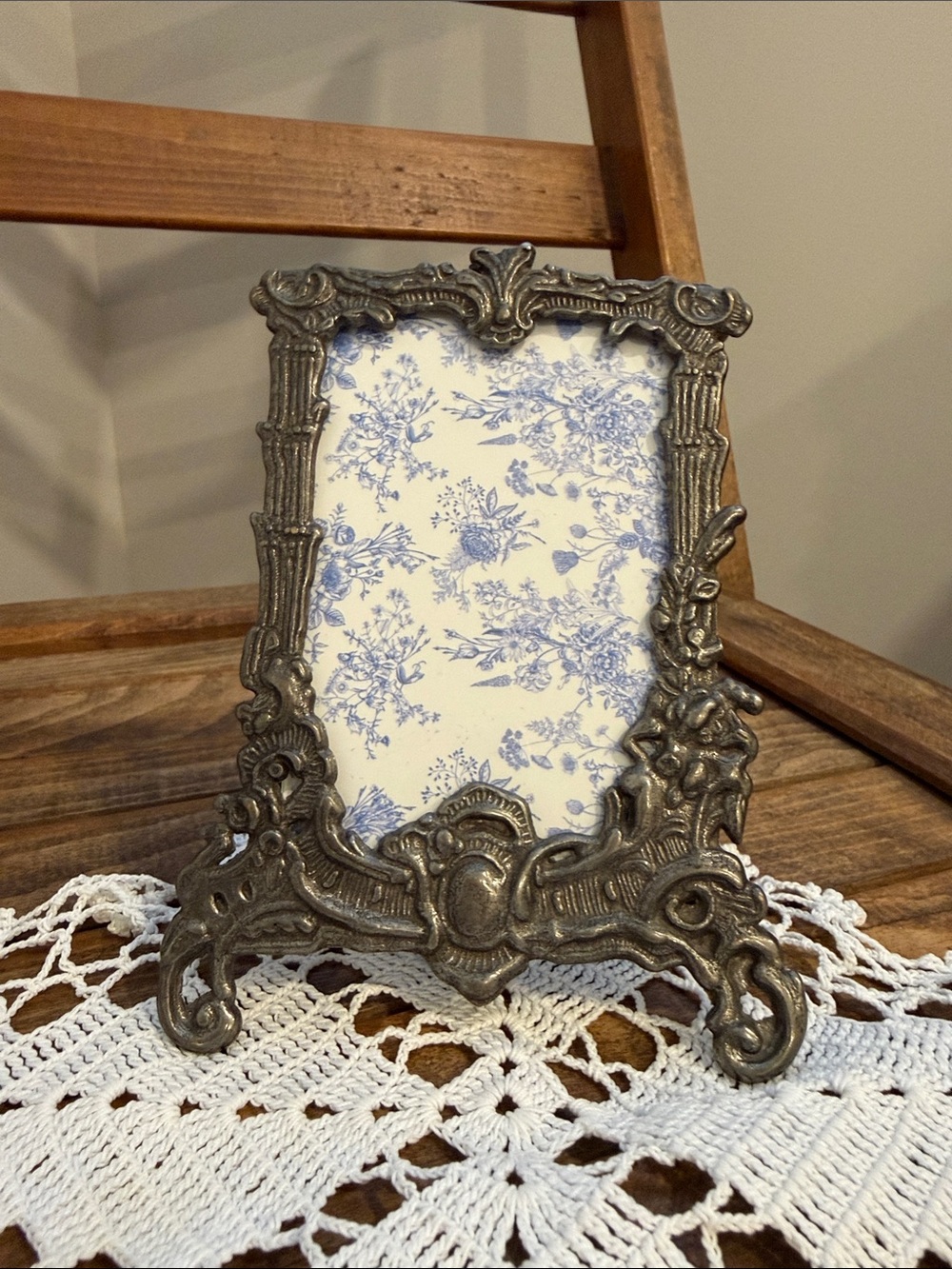 Vintage Ornate Metal Picture Frame Blue Floral Glass Antique